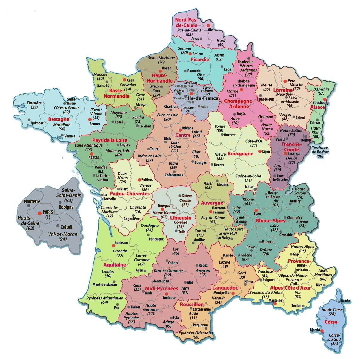 法国的大区, 省, 和地区首府